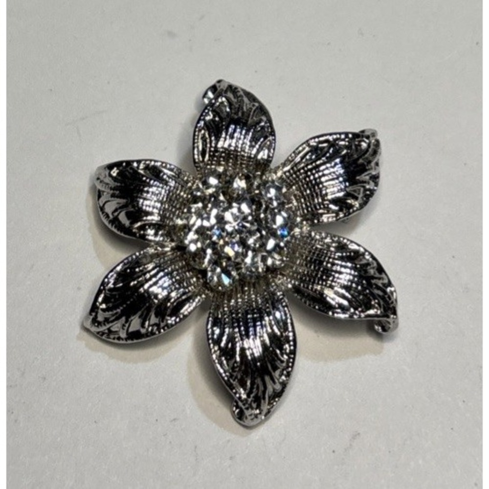 Silver Tone Flower Brooch Clear Rhinestone Cluster Textured Petals Floral Pin